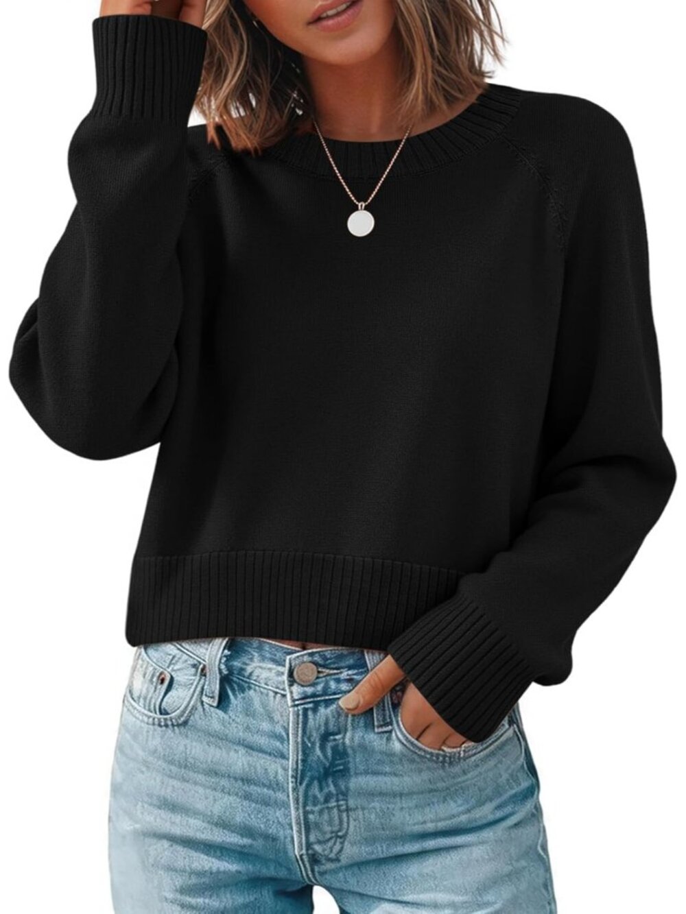 Women Black Sweater Pullover Crew Neck Long Sleeve Classic Winter Clothing